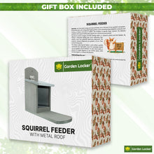 Load image into Gallery viewer, Garden Squirrel Feeder with Metal Roof - Natural Wood with Extra Long Feeding Platform - Hand Painted in Grey