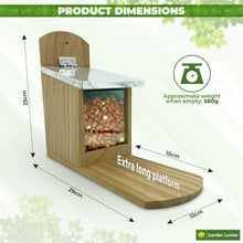 Load image into Gallery viewer, Garden Squirrel Feeder with Metal Roof - Natural Wood with Extra Long Feeding Platform