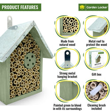 Load image into Gallery viewer, Wild Bee House Insect Home Bug Hotel in Green with Metal Roof Small Bug House with Cleaning Brush & Gift Box Attracts Bees, Butterflies & many other Bugs & Insects