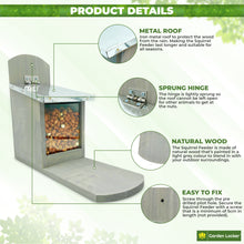 Load image into Gallery viewer, Garden Squirrel Feeder with Metal Roof - Natural Wood with Extra Long Feeding Platform - Hand Painted in Grey