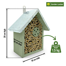 Load image into Gallery viewer, Wild Bee House Insect Home Bug Hotel in Green with Metal Roof Small Bug House with Cleaning Brush & Gift Box Attracts Bees, Butterflies & many other Bugs & Insects