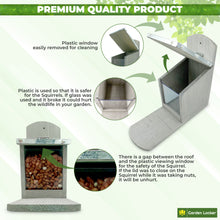 Load image into Gallery viewer, Garden Squirrel Feeder with Metal Roof - Natural Wood with Extra Long Feeding Platform - Hand Painted in Grey
