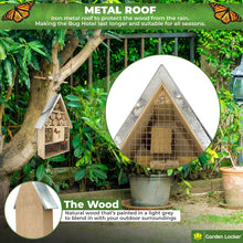 Load image into Gallery viewer, Bug Hotel - Insect House Plain Wood with metal roof - a Home for all your Garden Insects - the Insect Home Attracts Bugs Such as Ladybirds, Butterflies, Wild Bees, Crickets &amp; many other Species
