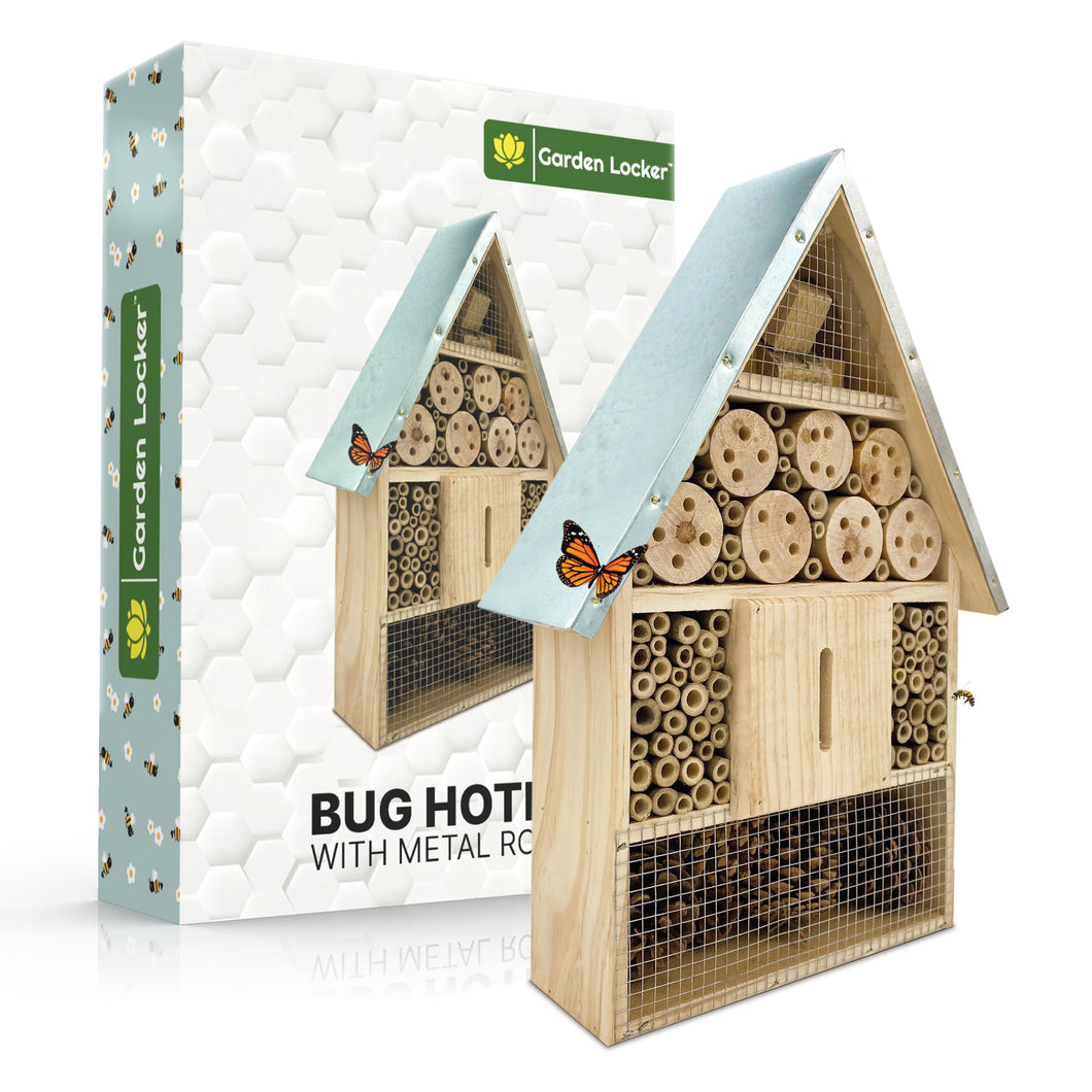 Bug Hotel - Insect House Plain Wood with metal roof - a Home for all your Garden Insects - the Insect Home Attracts Bugs Such as Ladybirds, Butterflies, Wild Bees, Crickets & many other Species