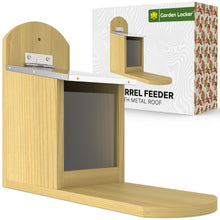 Load image into Gallery viewer, Garden Squirrel Feeder with Metal Roof - Natural Wood with Extra Long Feeding Platform
