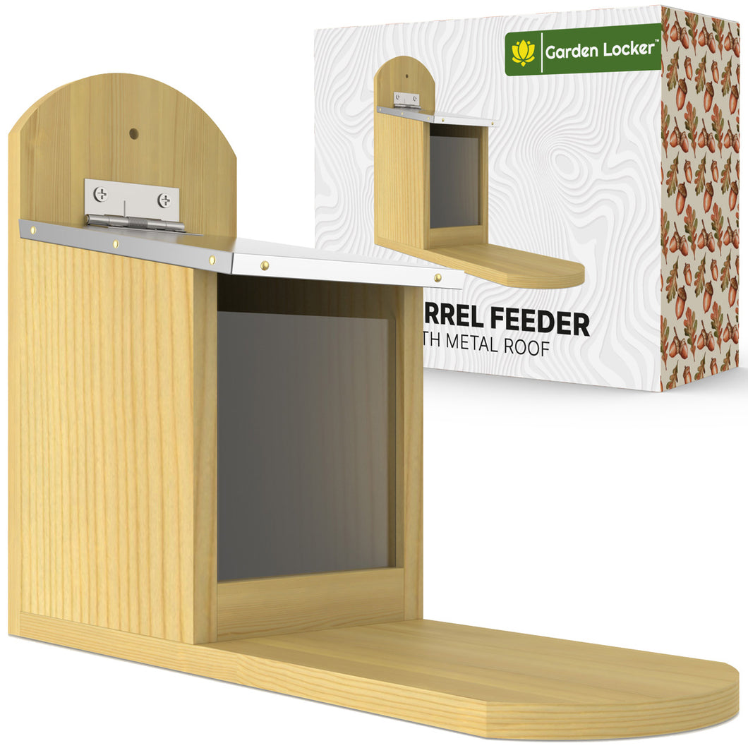 Garden Squirrel Feeder with Metal Roof - Natural Wood with Extra Long Feeding Platform