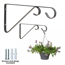 Load image into Gallery viewer, Pack of 2 Hanging Basket Wall Brackets with Twin Hooks - Hand Forged Metal Outdoor Garden Wall Plant Hanger Wrought Iron (Black)
