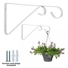 Load image into Gallery viewer, Pack of 2 Hanging Basket Wall Brackets with Twin Hooks Hand Forged Metal Outdoor Garden Wall Plant Hanger Wrought Iron (White)
