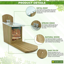 Load image into Gallery viewer, Garden Squirrel Feeder with Metal Roof - Natural Wood with Extra Long Feeding Platform
