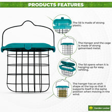 Load image into Gallery viewer, Garden Suet Bird Feeder with Plastic Flip Top Lid, Galvanised Steel Cage &amp; Hanger - for Outdoor Bird Feeding
