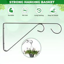 Load image into Gallery viewer, Pack of 2 Hanging Basket Wall Brackets with Twin Hooks - Hand Forged Metal Outdoor Garden Wall Plant Hanger Wrought Iron (Black)
