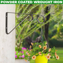 Load image into Gallery viewer, Pack of 2 Hanging Basket Wall Brackets with Twin Hooks - Hand Forged Metal Outdoor Garden Wall Plant Hanger Wrought Iron (Black)
