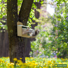 Load image into Gallery viewer, Garden Squirrel Feeder with Metal Roof - Natural Wood with Extra Long Feeding Platform
