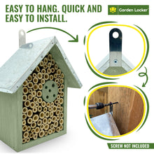 Load image into Gallery viewer, Wild Bee House Insect Home Bug Hotel in Green with Metal Roof Small Bug House with Cleaning Brush &amp; Gift Box Attracts Bees, Butterflies &amp; many other Bugs &amp; Insects
