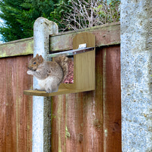 Load image into Gallery viewer, Garden Squirrel Feeder with Metal Roof - Natural Wood with Extra Long Feeding Platform
