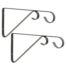 Load image into Gallery viewer, Pack of 2 Hanging Basket Wall Brackets with Twin Hooks - Hand Forged Metal Outdoor Garden Wall Plant Hanger Wrought Iron (Black)
